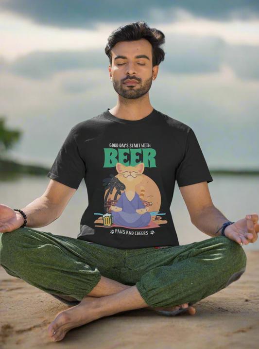 Cute meditation cat enjoying beer with a relaxed beach backdrop, showcasing Goan lifestyle.